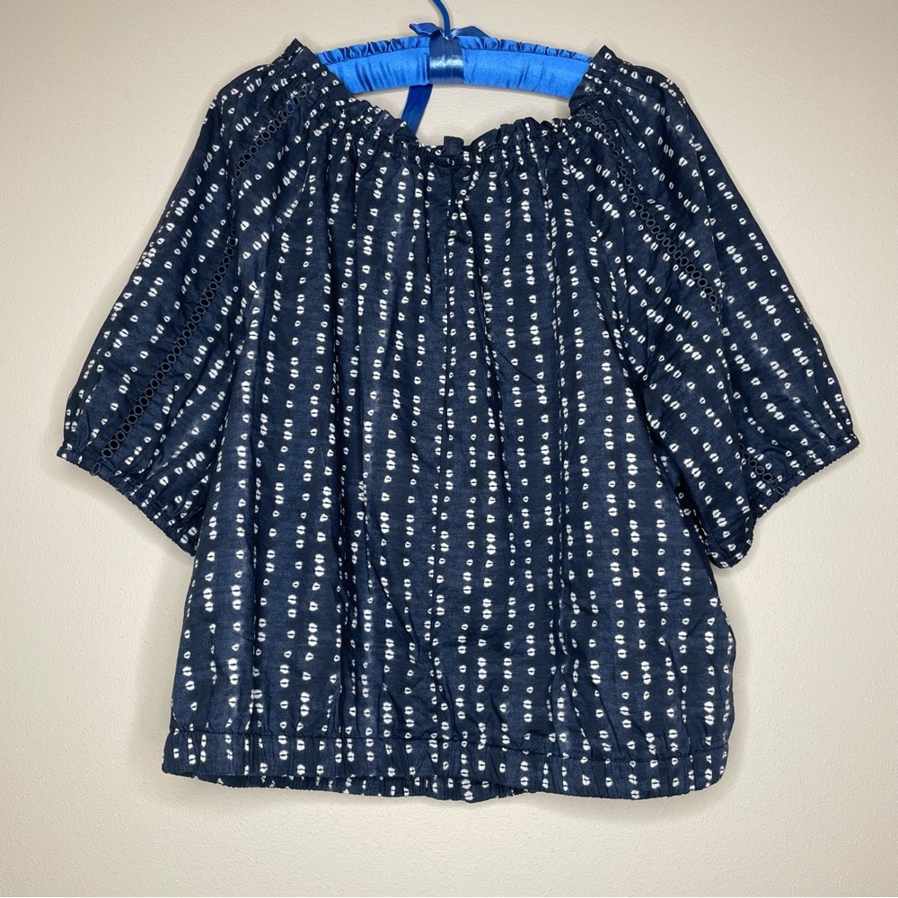 Lane Bryant Navy Blue and White Cotton Puff Sleeve Peasant Blouse - Picture 9 of 11